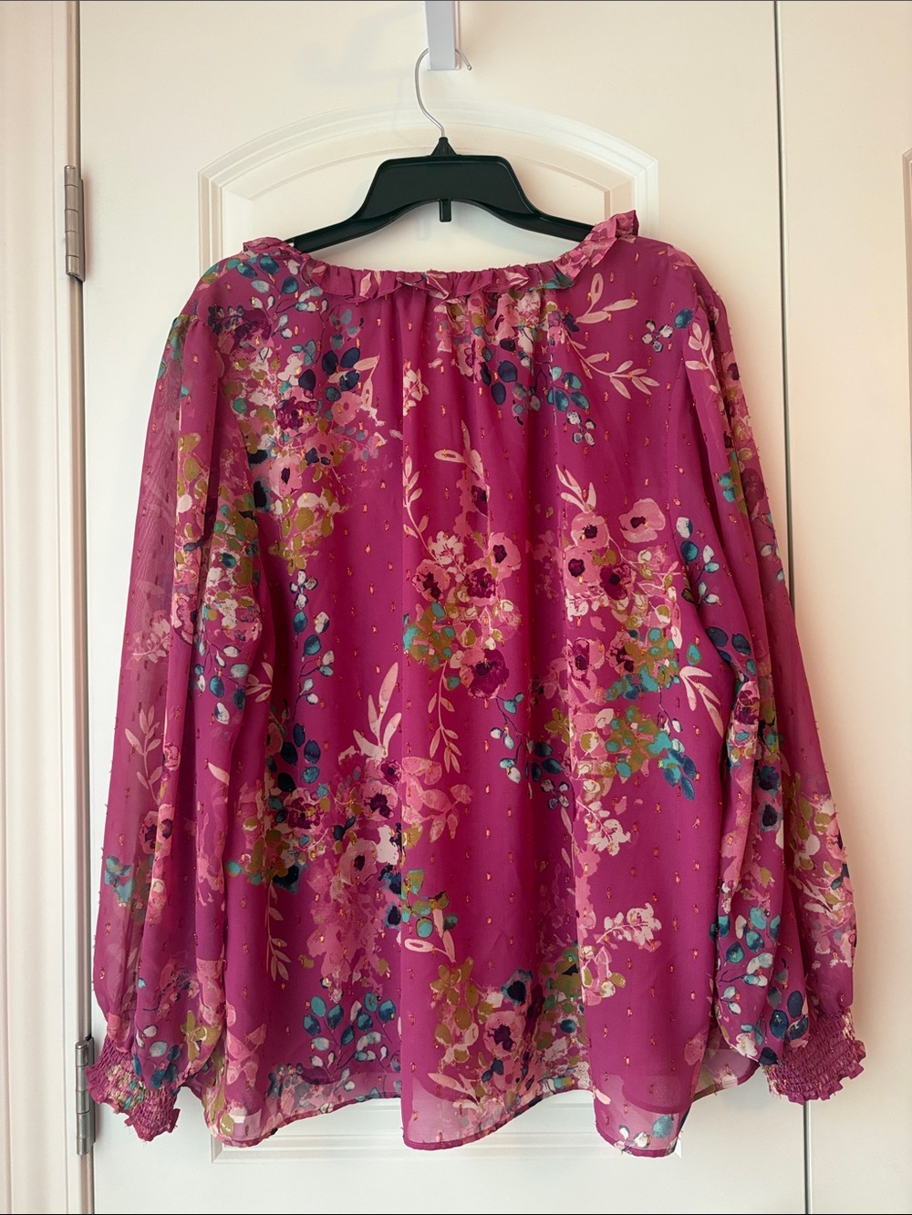Cato Pink/Purple Floral Ruffle-Neck Blouse with Gold Dot Accents - Picture 2 of 9
